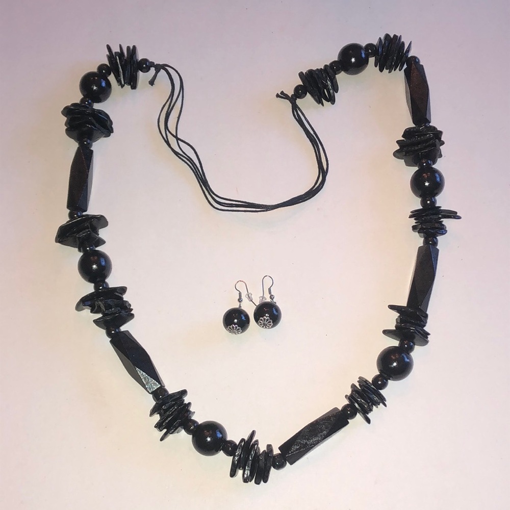 Black Wooden Beaded Boho Statement Necklace and Earrings Set